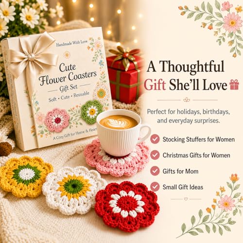 Flower Crochet Coasters Set of 5 - Cute Drink Protectors for Home