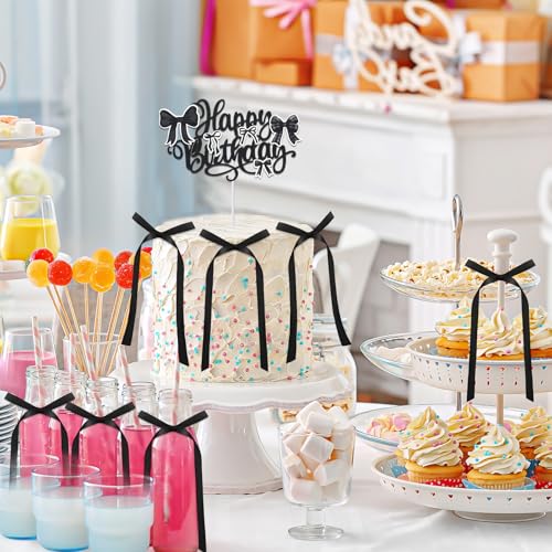 7 Black Bow Cake Toppers with Happy Birthday Insert for Parties