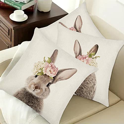 Easter Bunny Throw Pillow Covers 18x18 - Set of 2 Linen Decor