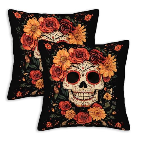 Sugar Skull Decorative Pillow Covers Set of 2 | 18x18 Inch Floral Art for Halloween & Day of the Dead