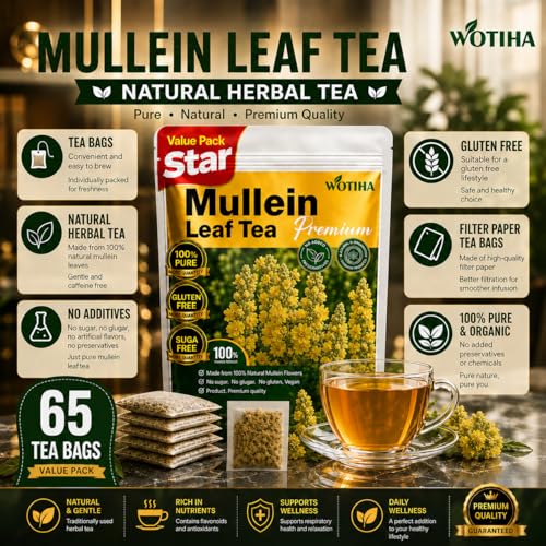 WOTIHA Mullein Tea Bags 65 Count - Natural Herbal Lung Support & Respiratory Tea