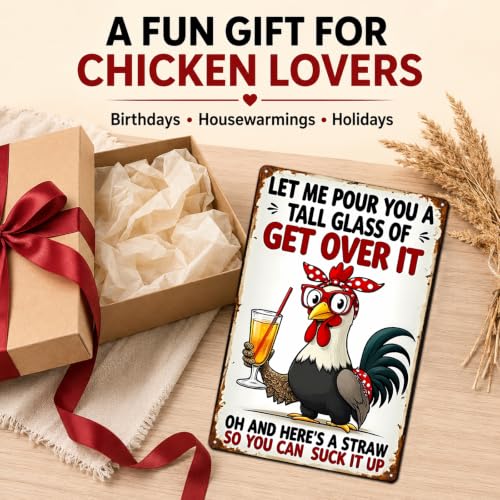 FunnySign Chicken Decor Old Rooster and Cute Chick Metal Wall Art 8x12