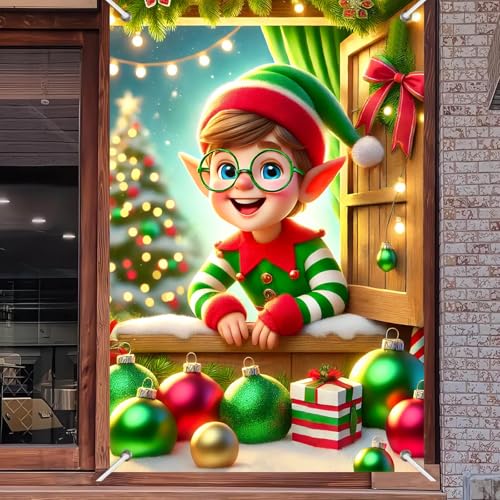 BlissYard Christmas Elf Window Cover 31x47 Inch Polyester Decor