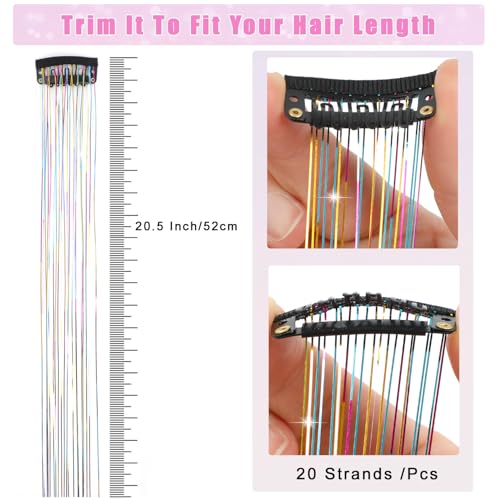 Nielp 18 Pcs Clip-In Hair Tinsel Extensions 20.5 Inch Rainbow Glitter Fairy Hair