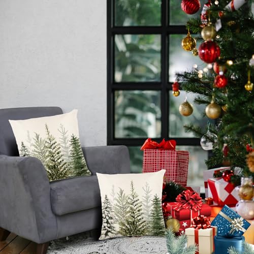 Green Watercolor Christmas Pillow Covers Set of 2 - 18x18 Inch Decorative Cushions