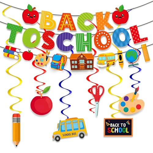 Happy First Day of School Banner Set - Glitter Decor & Hanging Swirls