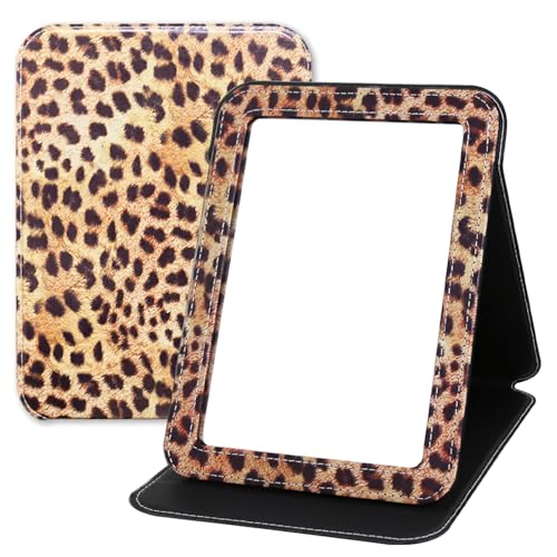 GLINTZ Leopard Print Foldable Travel Makeup Mirror with Adjustable Stand - Portable Vanity Mirror, Large Folding Desk Mirror for Vanity, Office & Camping