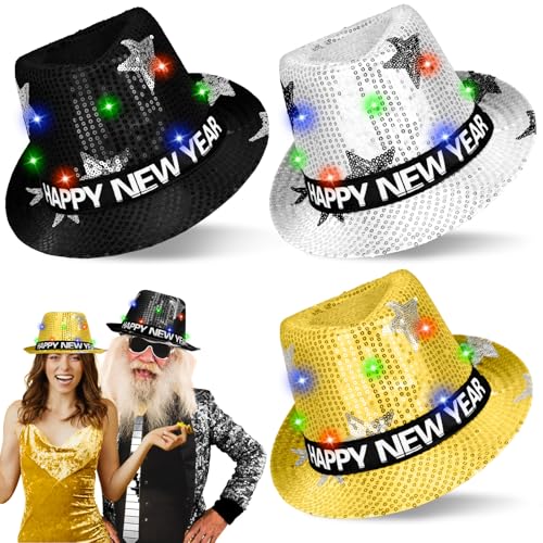Black Gold Flashing Party Hats Set - Happy New Year, Christmas, Birthday, 3 Pack