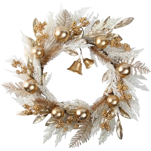 20-Inch Gold Christmas Wreath with Berries Bells and Pampas Grass for Front Door and Indoor Decor