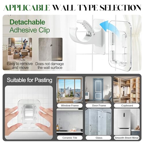 Detachable No Drill Curtain Rod Brackets - Adhesive 20LB Support, White (2 Pack)