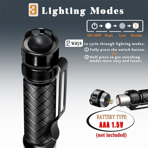 3 Modes Small Mini Flashlights LED Powerful High Lumens Tactical Pen Light with Clip,Slim Portable Pocket Compact Torch for Emergency Inspection AAA Battery Water-Resistant (Black & Black)