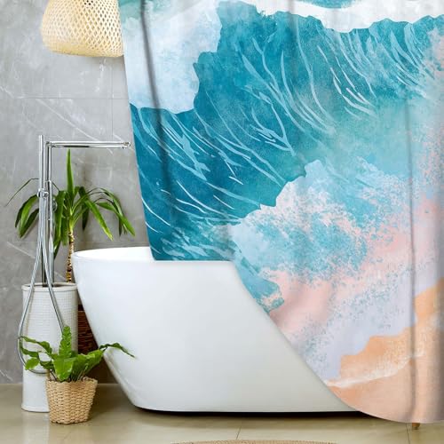 Grtuspr 72x72 Inch Waterproof Seascape Shower Curtain with 12 Hooks - Ocean Waves Beach Bathroom Decor