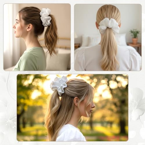 Nogeqi White Lace Scrunchie Large Ruffle Hair Tie for Thick Hair