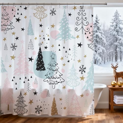Lindameler Christmas Shower Curtain - Pink Pine Tree Design, 72x72 Waterproof