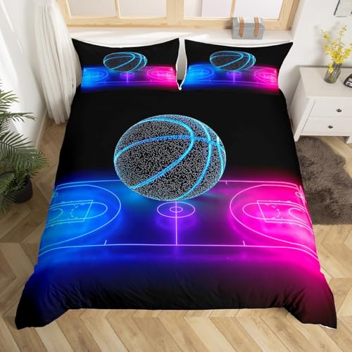 Basketball Duvet Cover Set Twin Size, Neon Blue & Purple Kids Bedding