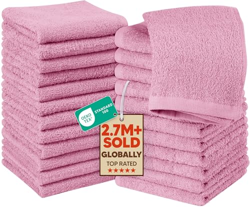 Pink 24 Pack Cotton Washcloths 12x12 Inches - Soft Absorbent Towels
