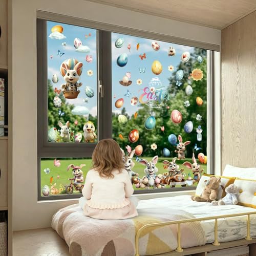 Hianjoo 87 PCS Easter Window Clings - Double-Sided Bunny & Egg Stickers