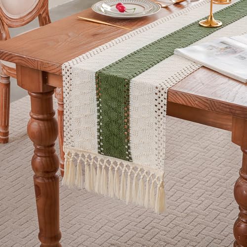 Sage Green Farmhouse Boho Macrame Table Runner 72 Inch with Tassels - Variation of THIS listing