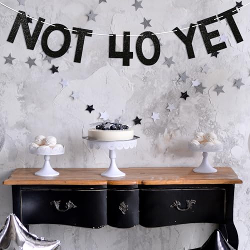 Not 40 Yet Banner - Black Glitter 39th Birthday Party Decor