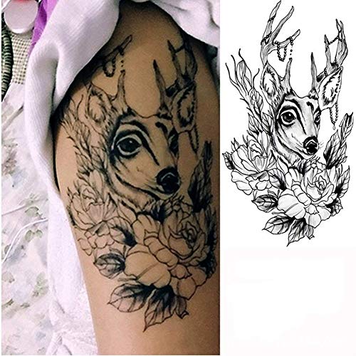 HODASHI Large Deer Flower Temporary Tattoos Waterproof Body Art