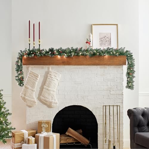 Pre-Lit Artificial Christmas Garland 9 Feet Glittery Mountain Spruce with Pine Cones & Berry Clusters - Indoor Outdoor Decor