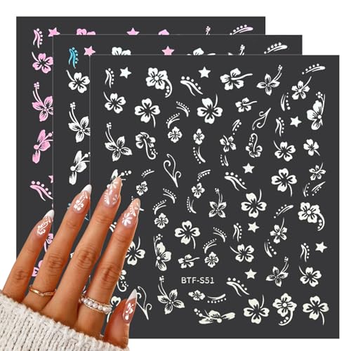 MUIIGOOD Flower Nail Stickers 10 Sheets Hibiscus Nail Decals White Pink Gold