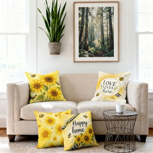 Sunflower Pillow Covers 18x18 inch Set of 4 - Yellow Floral Sofa Decor