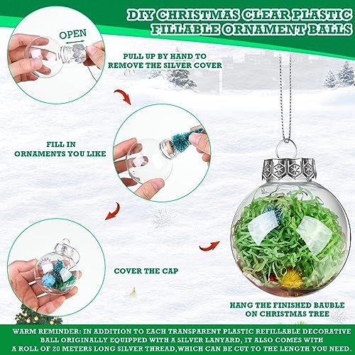 50pcs Clear Fillable Christmas Ornament Balls 2.36 Inch with Silver Rope Set