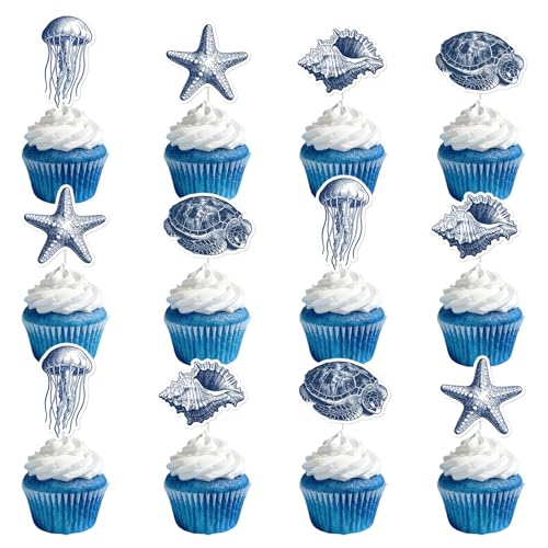 36PCS Ocean Animal Cupcake Toppers - Vintage Blue Whales & Starfish