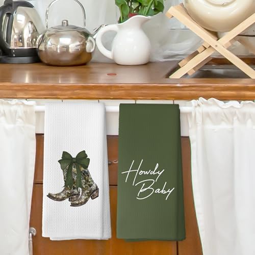 Green Bow Kitchen Dish Towels Set of 2 - Stylish Cowgirl Decor