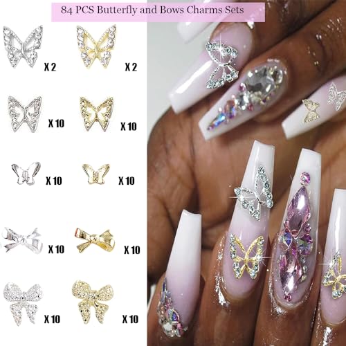 84 PCS Butterfly and Bow Nail Charms - Gold & Silver Nail Art Gems