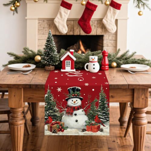 Artscope Snowman Christmas Table Runner 13x48 Inches - Red