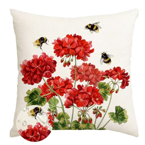 RABUSOFA Waterproof Outdoor Pillow Cover 20x20 Red Geranium & Bees Spring Summer Decor