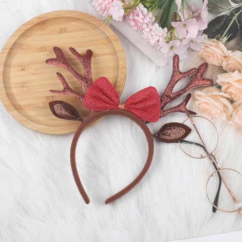 Ecuupas Brown Glitter Antlers Christmas Headband with Red Bow