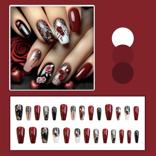 Valentine Press On Nails Medium Square Red Rose Heart Black Lace Acrylic