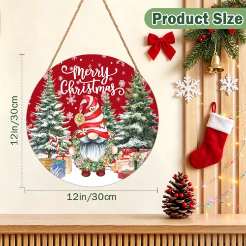 Christmas Gnome Welcome Sign - Merry Christmas Wooden Door Hanger, 12x12 Inch Porch Decor