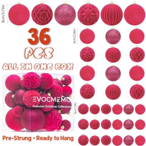 Fuchsia Pink Velvet Christmas Ornaments Set - 36pcs Shatterproof Xmas Decorations with 5 Styles & 3 Sizes