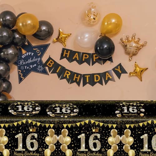 16th Birthday Decorations Set - Black Gold Party Supplies for Teens