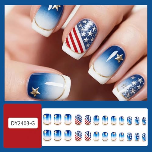 4th of July Press on Nails Medium Square French False Nails