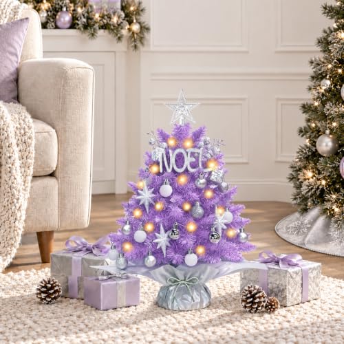 Purple Mini Christmas Tree with Lights - Small Artificial Holiday Decor