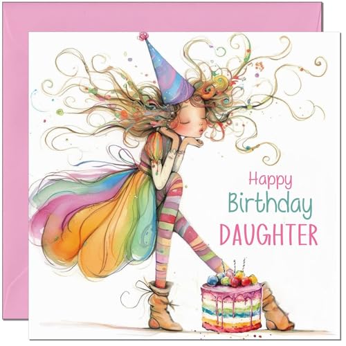 Cute Daughter Birthday Card with Rainbow Design & Cake