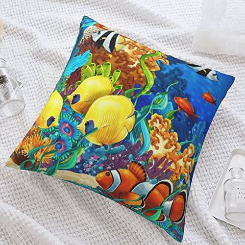 Watercolor Marine Life Throw Pillow Cover - 18x18 Inch Colorful Fish Design