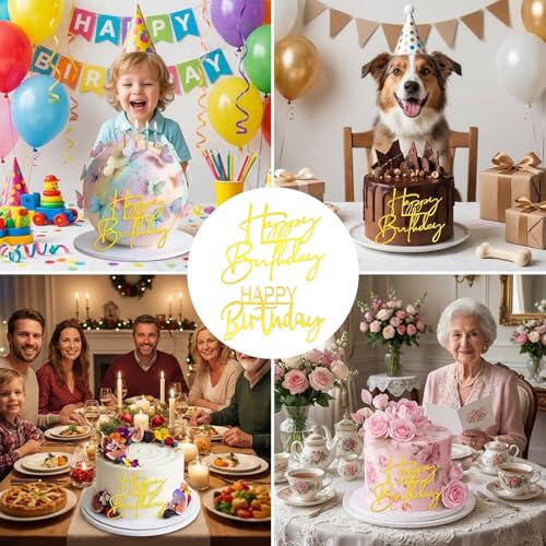 Gold Happy Birthday Cupcake Toppers - 12 Pcs Acrylic Decor