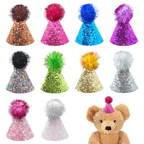 Pai Sence Pack of 10 Mini Party Hats for Stuffed Animals Toys, 1.9x3.3 Inches, 10 Color Variations