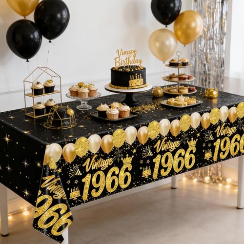 60th Birthday Tablecloth 2-Pack, Black and Gold Disposable Party Table Cover