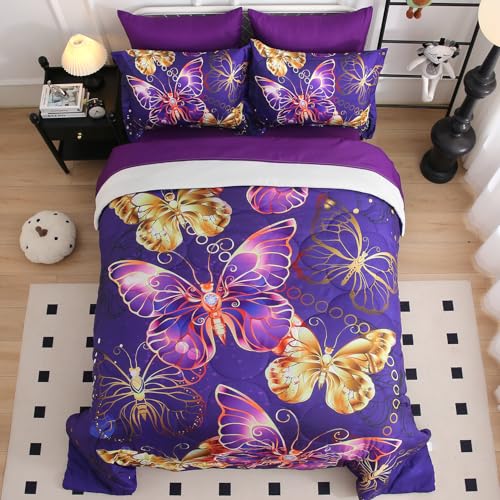 Violet Butterfly Queen Comforter Set for Kids Girls - 7 Pieces Bedding