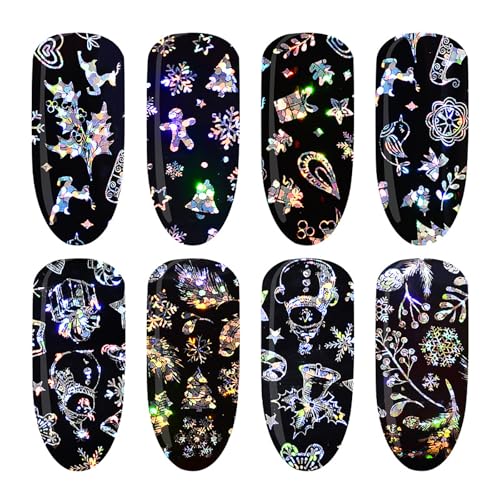 Christmas Aurora Nail Foil Transfer Stickers - 10 Sheets Holographic Winter Snowflakes & Trees DIY Manicure Decals