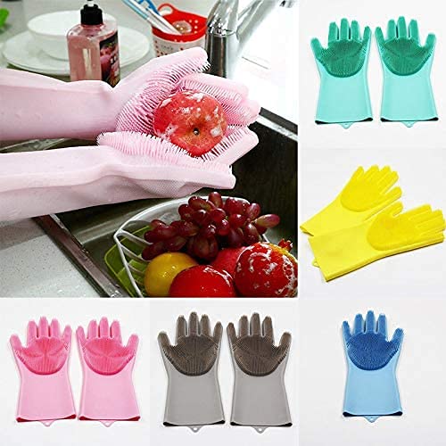 Yinceber Silicone Dishwashing Gloves, Pet Grooming Rubber Scrubbing Gloves for Dishes,Sponge Wash Cleaning Glove with Scrubbers for Housework, Bathroom, Kitchen, Car, Pets. 1Pair (13.6" Large)