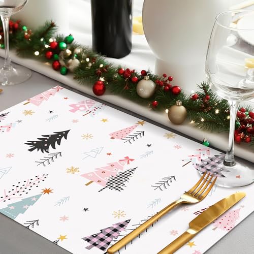 Pink Christmas Tree Placemats Set of 4 - 12x18 Inches Holiday Table Decor