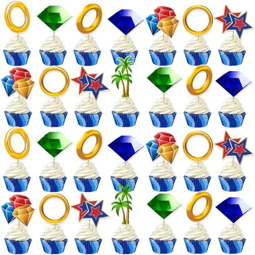 48pcs Blue Hedgehog Cupcake Toppers for Video Game Parties